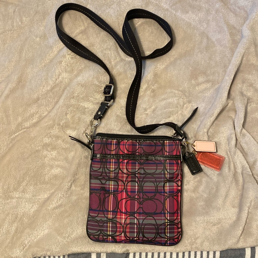 COACH Pink Purple Tartan Plaid Glitter Poppy Small Adjustable Crossbody Bag